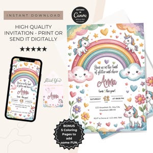 Editable Rainbow Unicorn Birthday Invitation Magical Pastel Party Template for Girls Canva Evite Digital Instant Download Glitter Invite