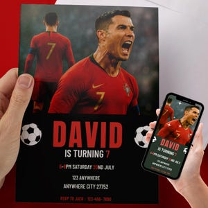 Invito di compleanno modificabile per Ronaldo, invito digitale per festa di calcio CR7, modello Canva, stampabile, download immediato, per qualsiasi età.