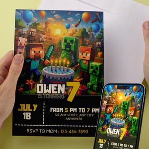 Invitación de cumpleaños de Minecraft: plantilla editable de Canva, invitación imprimible para gamer, tarjeta de fiesta de Minecraft Crafter, descarga digital para niños y niñas