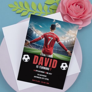 Invito di compleanno di Cristiano Ronaldo, modello modificabile per la festa di calcio CR7 Canva, stampabile, digitale, per qualsiasi età, download immediato