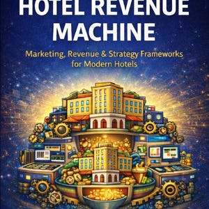 Könnte beinhalten: Buchcover mit dem Titel "THE HOTEL REVENUE MACHINE" und dem Untertitel "Marketing, Revenue & Strategy Frameworks for Modern Hotels". Das Cover zeigt eine stilisierte Illustration von Gebäuden, Zahnrädern und Computerbildschirmen vor einem sternenklaren blauen Hintergrund. Der Name des Autors, Panayot Shilkov, steht unten.