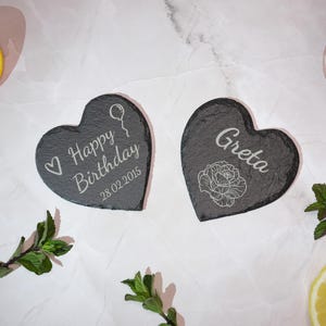 Personalized Slate Heart Set of 4 – engraved with name, design or date – romantic gift for couples, weddings, Valentine’s Day or celebration