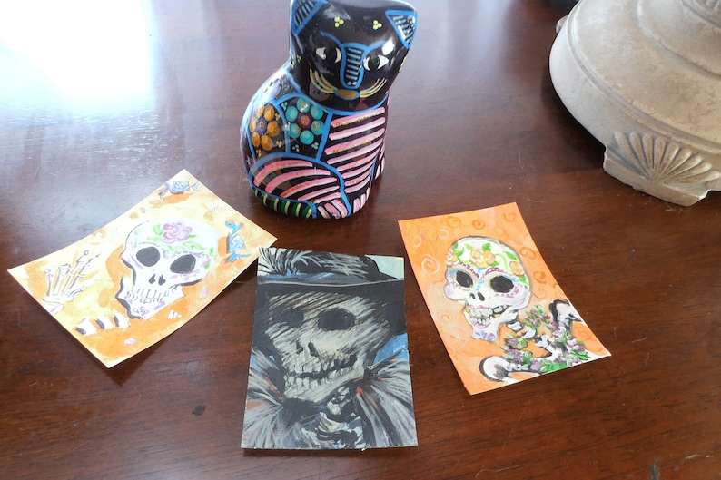 Original Painting ACEO Art card Sugar Skull with LeI