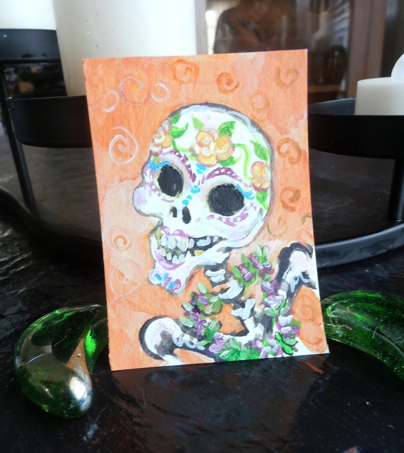 Original Painting ACEO Art card Sugar Skull with LeI