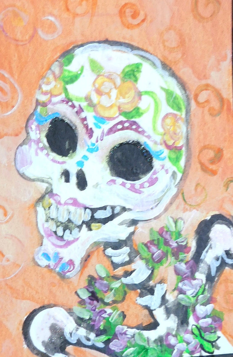 Original Painting ACEO Art card Sugar Skull with LeI