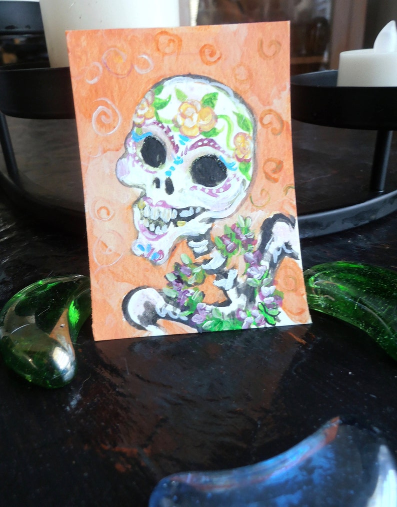 Original Painting ACEO Art card Sugar Skull with LeI