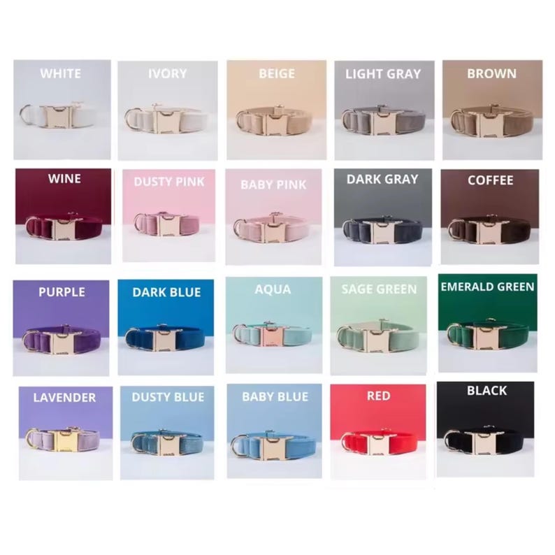 Op de afbeelding: Een verscheidenheid aan hondenriemen in verschillende kleuren, waaronder wit, ivoor, beige, lichtgrijs, bruin, wijn, stoffig roze, babyroze, donkergrijs, koffie, paars, donkerblauw, aqua, saliegroen, smaragdgroen, lavendel, stoffig blauw, babyblauw, rood en zwart. Elke halsband heeft een goudkleurige gesp.