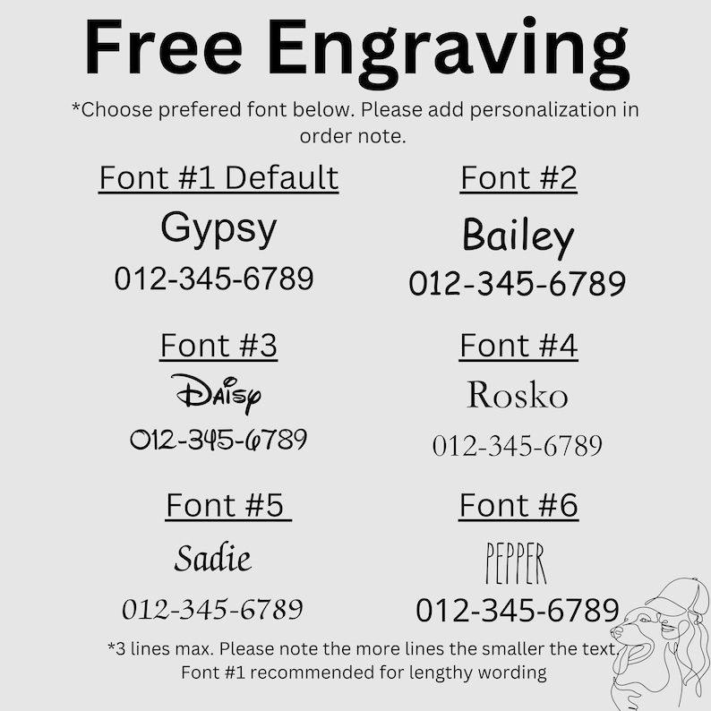Op de afbeelding: Afbeelding met de tekst "Gratis Graveren" bovenaan, gevolgd door lettertype-opties genummerd van 1 tot 6. Elke lettertype-optie bevat een voorbeeldnaam en een telefoonnummer. Er is ook een opmerking over personalisatie en regelbeperkingen.