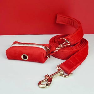 Pu&ograve; includere: Set di guinzaglio e porta sacchetti per cani in velluto rosso. Il guinzaglio ha un moschettone in metallo dorato e il porta sacchetti ha una cerniera bianca e un anello in metallo dorato.