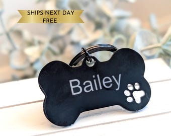 Bone Dog Tag, Dog ID Tag, Custom Engraved Dog Name Tag, Quality Dog Tag Personalized, Black Dog Tag With Name, Phone Numbers for Dogs, Puppy
