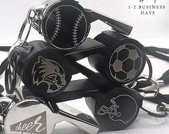 Personalized Engraved Whistle: Stainless Steel Coach Gift, Custom soccer, football, baseball, team logo or mascot, Drill team, school team