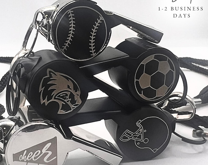 Personalized Engraved Whistle: Stainless Steel Coach Gift, Custom soccer, football, baseball, team logo or mascot, Drill team, school team