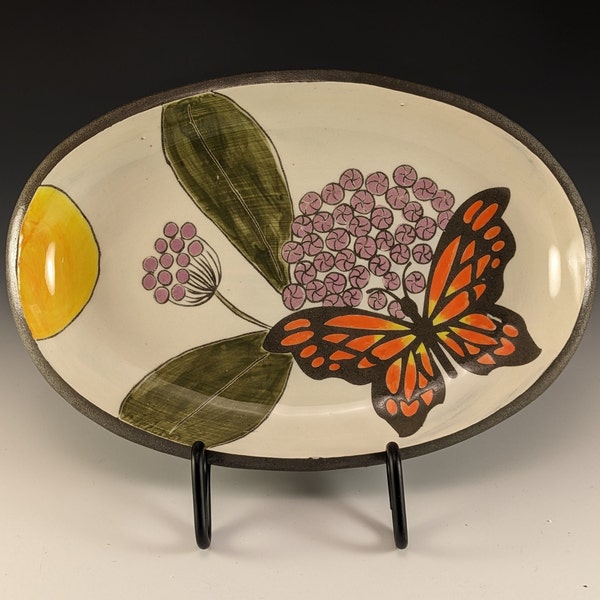 Monarch and milkweed oval platter- handmade platter