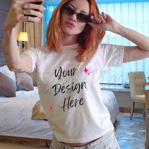Gildan 5000B Trendy Baby Tee Mockup Womens White Baby Tee Tshirt Mockup Trendy Selfie Crop Top Baby Tee Mockup Diverse Real Model Mockup Y2K