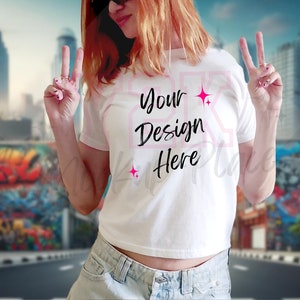 Gildan 5000B Trendy Baby Tee Mockup Womens White Baby Tee Tshirt Mockup Trendy Selfie Crop Top Baby Tee Mockup Diverse Real Model Mockup Y2K