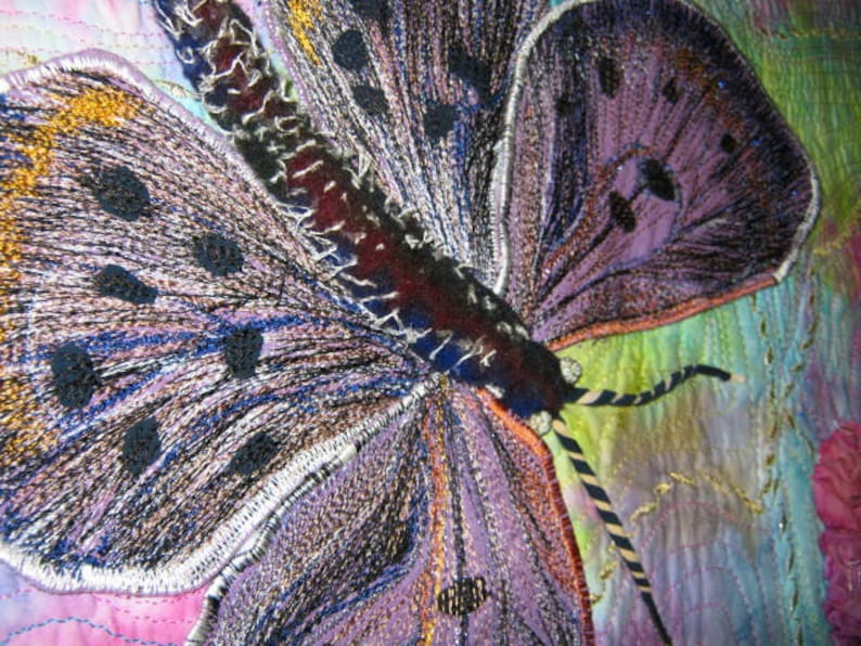 May include: A close-up of a purple and black butterfly embroidered on a fabric background. The butterfly has a detailed design with black and white stitching.
