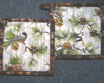 Chickadee  Potholders, Birds, pinecones, Cotton Potholders, Housewarming Gift, Gift, Chickadees