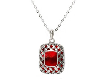 Recycled Vintage 1940s Red Beer Bottle Glass and Sterling Silver Vintage Quilted Square Necklace