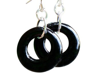 Recycled Antique Black Depression Glass Hoop Earrings