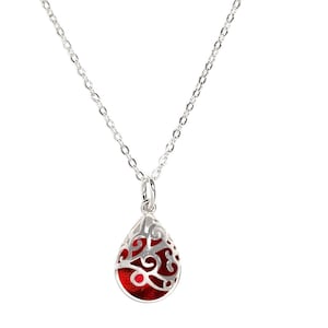 Recycled Vintage 1940&#39;s Ruby Red Beer Bottle and Sterling Silver Filigree Teardrop Necklace