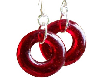 Recycled World War II Ruby Beer Bottle Glass Hoop Earrings