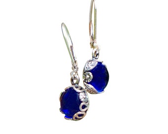 Recycled Vintage 1960's Cobalt Noxzema Jar Sterling Silver Botanical Lever back Earrings