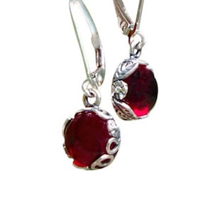Recycled Vintage 1940's Ruby Beer Bottle Sterling Silver Botanical Lever back Earrings