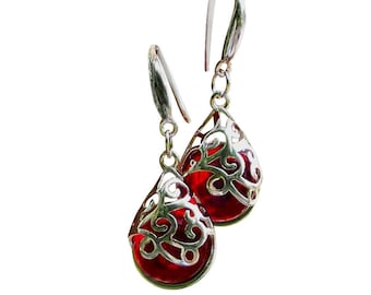 Recycled Vintage 1940's Red Beer Bottle and Sterling Silver Filigree Teardrop Earring