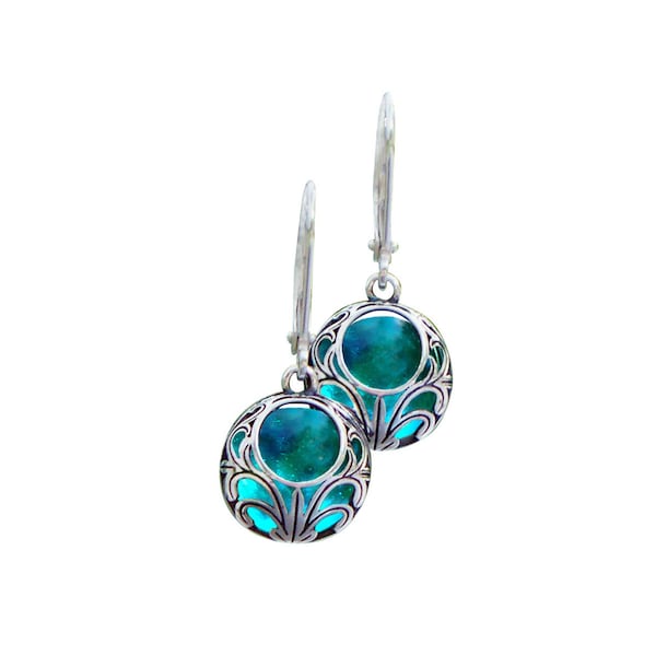Recycled Vintage Aqua Mason Jar Glass Vintage Lace Lever Back Earrings