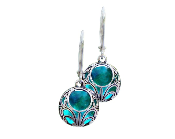 Recycled Vintage Aqua Mason Jar Glass Vintage Lace Lever Back Earrings