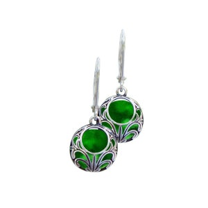 Recycled Vintage 1960's Emerald Green Beer Bottle Glass and Sterling Silver Vintage Lace Lever Back Earrings