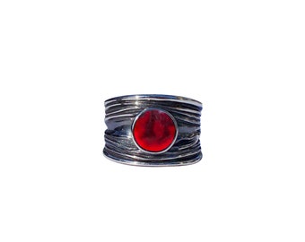 Recycled Vintage 1940's Red Beer Bottle and Sterling Woodland Reflections Ring