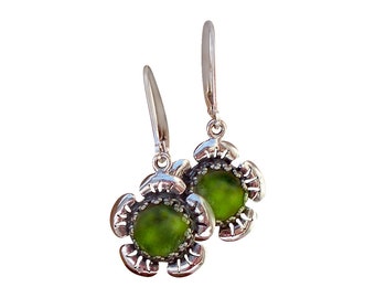 Recycled Early 1900's Olive Green Wine Bottle and Sterling Flower Lever Back Earrings