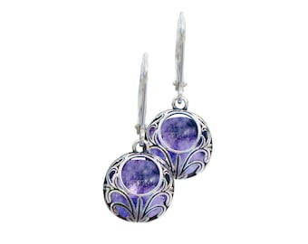 Recycled Early 1900's Purple Medicine Bottle and Sterling Silver Vintage Lace Lever Back Earrings