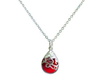 Recycled Vintage 1940's Ruby Red Beer Bottle and Sterling Silver Filigree Teardrop Necklace