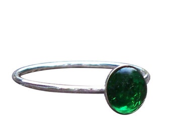 Recycled Vintage 1960s Emerald Green Beer Bottle and Sterling Silver Stacking Ring