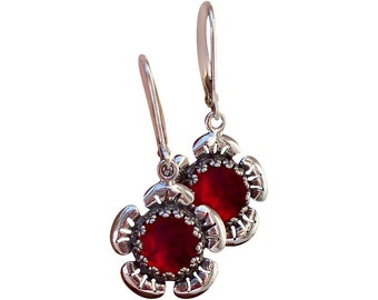 Recycled Vintage 1940's Red Beer Bottle and Sterling Flower Lever Back Earrings