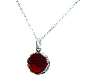 Recycled Vintage 1940's Ruby Beer Bottle Glass Sterling Silver Botanical Collection Necklace