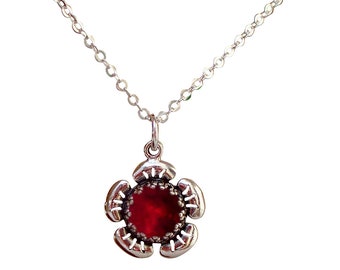 Recycled Vintage 1940's Red Beer Bottle and Sterling Silver Flower Necklace