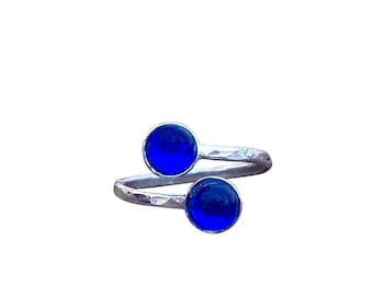 Recycled Vintage 1960's Cobalt Noxzema Jar and Sterling Silver Bypass Ring