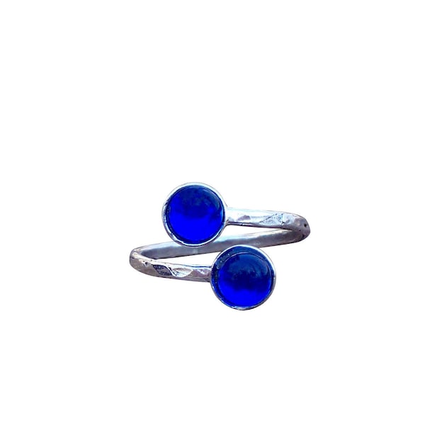 Bocal en cobalt Noxzema recyclé vintage des années 1960 et bague by-pass en argent sterling