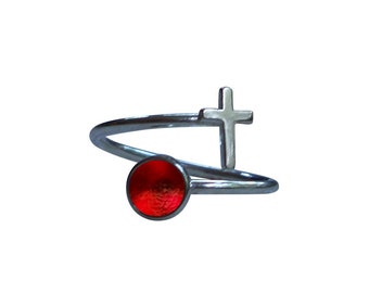 Recycled Vintage 1940s Red Beer Bottle Glass and Sterling Silver At The Cross Ring