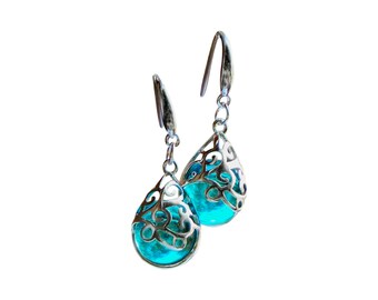 Recycled Vintage Blue Mason Jar and Sterling Silver Filigree Teardrop Earring