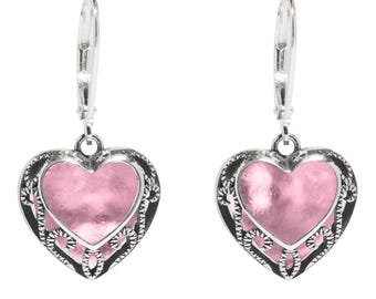 Recycled Antique Pink Depression Glass Homespun Hearts Lever Back Earrings