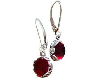 Recycled Vintage 1940's Ruby Beer Bottle Sterling Silver Botanical Lever back Earrings