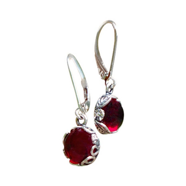 Recycled Vintage 1940's Ruby Beer Bottle Sterling Silver Botanical Lever back Earrings