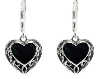 Recycled Antique Black Depression Glass Homespun Hearts Lever Back Earrings