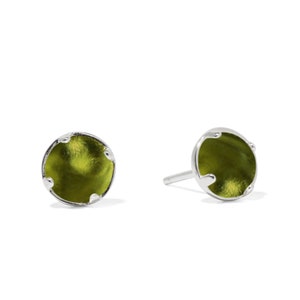 May include: A pair of silver stud earrings with a round green stone in the center.
