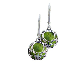 Recycled Early 1900's Olive Green Wine Bottle and Sterling Silver Vintage Lace Lever Back Earrings