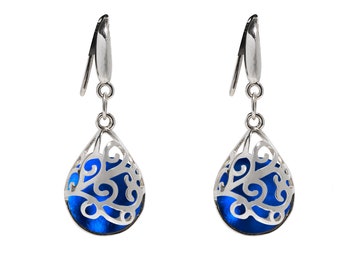 Recycled Vintage 1960's Cobalt Skin Cream Jar and Sterling Silver Filigree Teardrop Earring